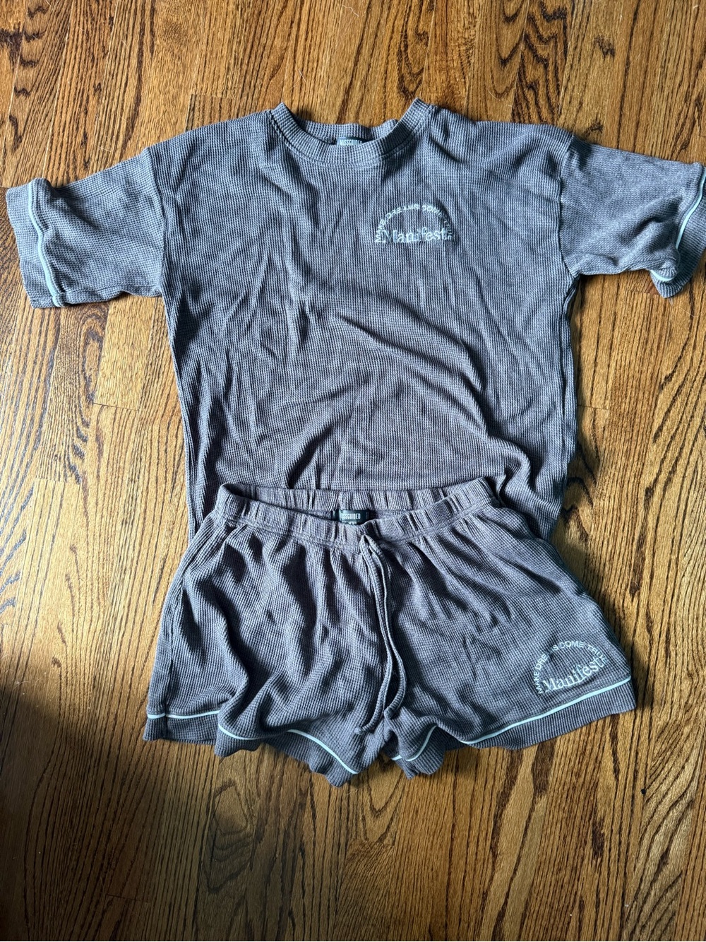 Missguided Brown Ribbed Short Sleeve Top & Shorts Pajama Set